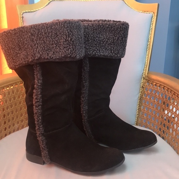 Rampage  Carissa black velvet gray faux fur fold over knee high boots  size 7 - Picture 4 of 12